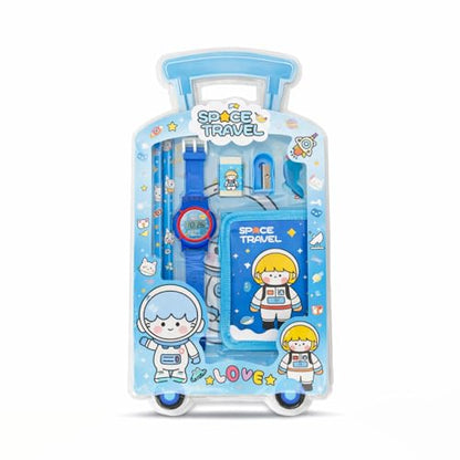 Fiddlys Kids Stationery Gift Set with Watch & Pouch | Cute Travel Kit for Boys & Girls | Pencil, Eraser, Sharpener, Wallet Combo (Space Travel)