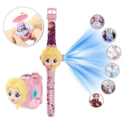 Fiddlys Kids Projection Watch Toy – Cartoon Digital Watch with 6 Image Projector, Adjustable Strap, Birthday Return Gift for Boys & Girls Age 3+ (Pink-Yellow)