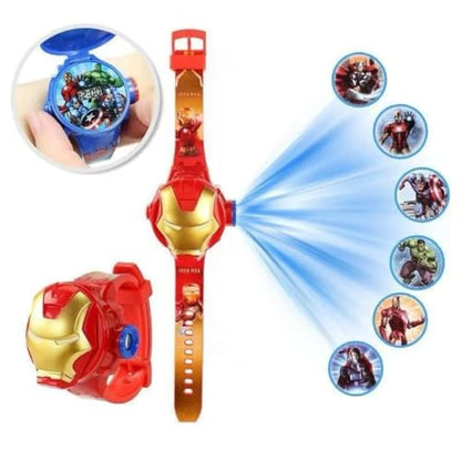 Fiddlys Kids Projection Watch Toy – Cartoon Digital Watch with 6 Image Projector, Adjustable Strap, Birthday Return Gift for Boys & Girls Age 3+ (Red-Gold)