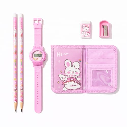 Fiddlys Kids Stationery Gift Set with Watch & Pouch | Cute Travel Kit for Boys & Girls | Pencil, Eraser, Sharpener, Wallet Combo (Sweet Bunny)