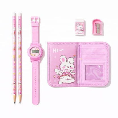 Fiddlys Kids Stationery Gift Set with Watch & Pouch | Cute Travel Kit for Boys & Girls | Pencil, Eraser, Sharpener, Wallet Combo (Sweet Bunny)