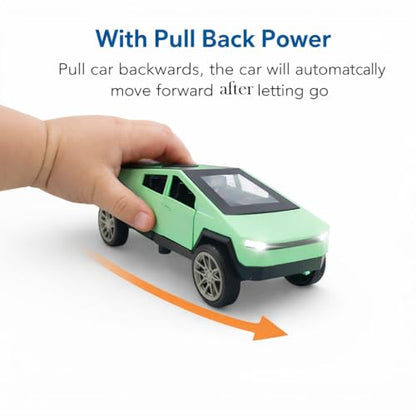 The Flyers Bay 1:32 Scale Die-Cast Metal Futuristic Pickup Truck Toy – with Lights, Sounds, and Pull-Back Action Kids Gift 2 3 4 5 6 Years Girls Boys (Tesla Cybertruck Green)
