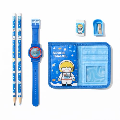 Fiddlys Kids Stationery Gift Set with Watch & Pouch | Cute Travel Kit for Boys & Girls | Pencil, Eraser, Sharpener, Wallet Combo (Space Travel)