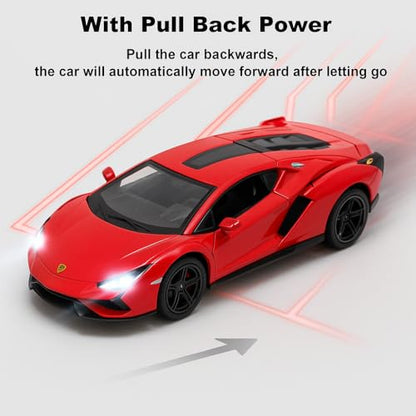 The Flyers Bay 1:32 Scale DieCast Metal Pull-Back Action Openable Doors Premium Car Toy for Kids Realistic Miniature Model Gift 2+yrs Girls Boys (Red)