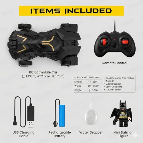 The Flyers Bay Remote Control Car for Kids with Mist Spray Action, Flashing LED Lights, 10ft Control Range, Rechargeable RC Toy Car for Boys & Girls Age 4+ (Batman Smoke Car)
