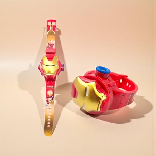 Fiddlys Kids Projection Watch Toy – Cartoon Digital Watch with 6 Image Projector, Adjustable Strap, Birthday Return Gift for Boys & Girls Age 3+ (Red-Gold)