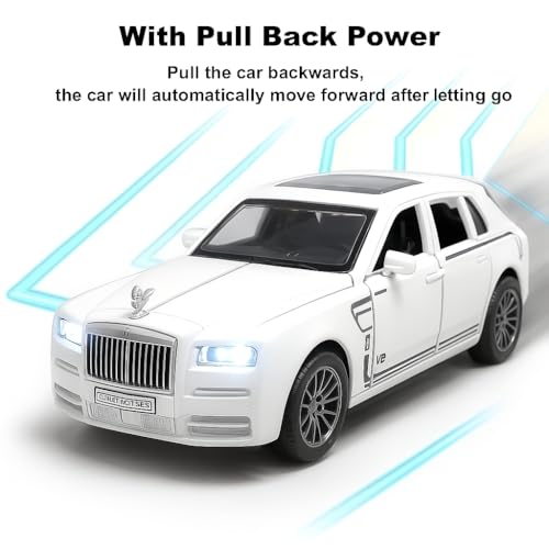 The Flyers Bay 1:32 Scale DieCast Metal Pull-Back Action Openable Doors Lights and Music Rolls-Royce Cullinan Premium Car Toy for Kids Realistic Miniature Model Gift 2+yrs Girls Boys (White)