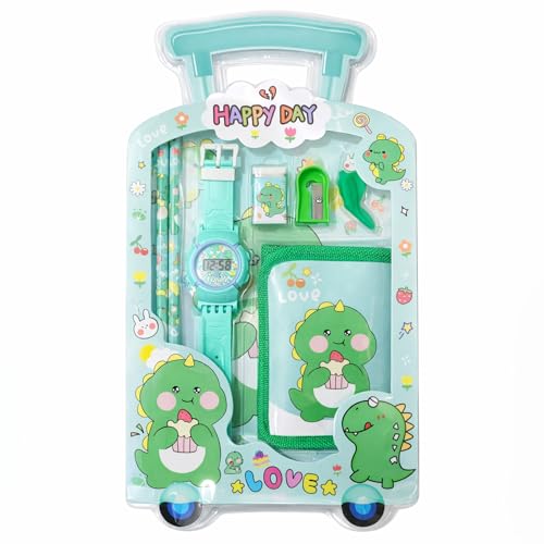 Fiddlys Kids Stationery Gift Set with Watch & Pouch | Cute Travel Kit for Boys & Girls | Pencil, Eraser, Sharpener, Wallet Combo (Happy Dino)