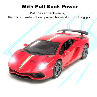 The Flyers Bay 1:32 Scale DieCast Metal Pull-Back Action Openable Doors Premium Car Toy for Kids Realistic Miniature Model Gift 2+yrs Girls Boys (Red)