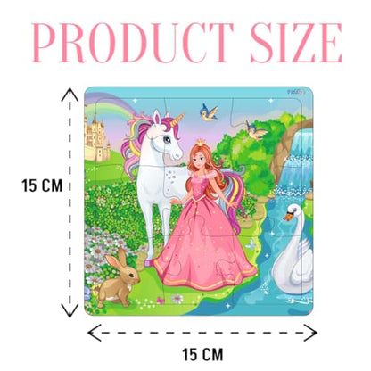 Fiddlys Wooden Jigsaw Puzzles for Kids & Children – 9 Pieces Each, Pack of 4|Double Layered Front & Back Print| Educational Toy for Boys & Girls Age 2 3 4 5 6 Year Old (Unicorn & Princess)