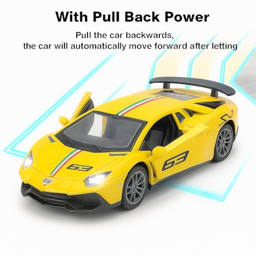 The Flyers Bay 1:32 Scale DieCast Metal Pull-Back Action Openable Doors Premium Car Toy for Kids Realistic Miniature Model Gift 2+yrs Girls Boys (Yellow)