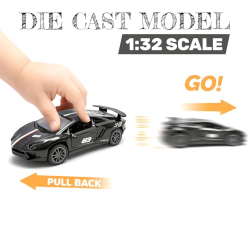 The Flyers Bay 1:32 Scale DieCast Metal Pull-Back Action Openable Doors Premium Car Toy for Kids Realistic Miniature Model Gift 2+yrs Girls Boys (Black)
