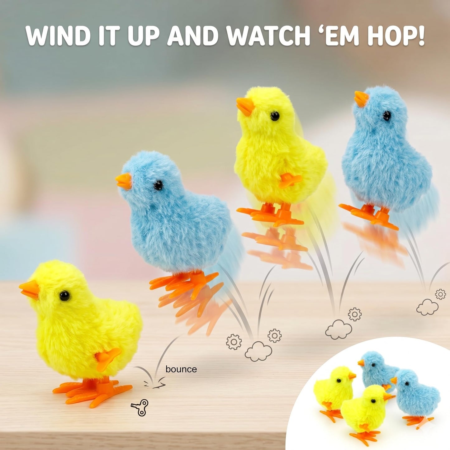 Fiddlys Pack of 4 Jumping Chick Wind-Up Toys – Cute Hopping Chickens for Kids, Easter Gifts & Party Favors – No Batteries, Fun & Safe Mini Toys(Jumping Chicks)
