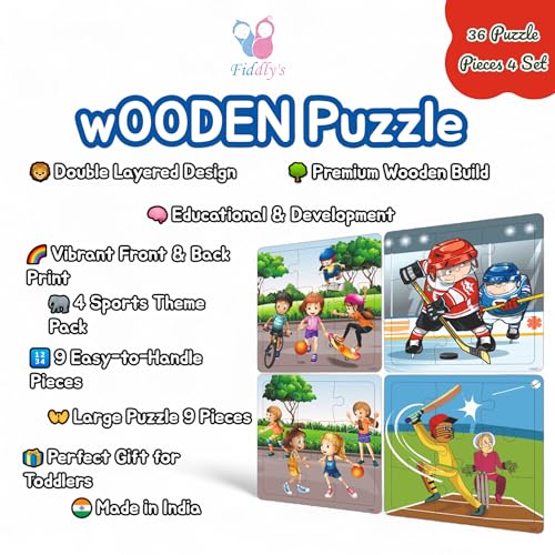 Fiddlys Wooden Jigsaw Puzzles for Kids & Children – 9 Pieces Each, Pack of 4|Double Layered Front & Back Print| Educational Toy for Boys & Girls Age 2 3 4 5 6 Year Old (Sports - Pack of 4)