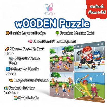 Fiddlys Wooden Jigsaw Puzzles for Kids & Children – 9 Pieces Each, Pack of 4|Double Layered Front & Back Print| Educational Toy for Boys & Girls Age 2 3 4 5 6 Year Old (Sports - Pack of 4)