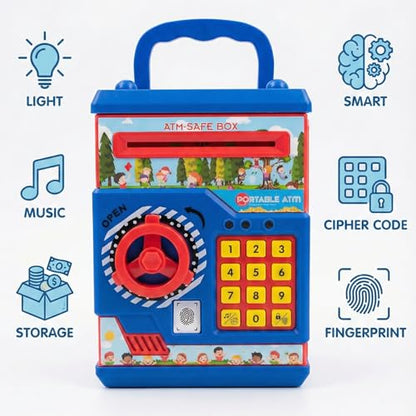 The Flyers Bay Electronic Money Bank & Portable ATM for Kids – Digital Piggy Bank Safe with Simulated Fingerprint Sensor, Password Protection, Lights & Music – Educational Coin & Cash Storage Toy