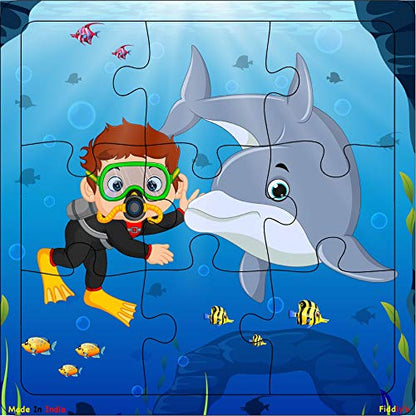 Fiddlys Wooden Jigsaw Puzzles for Kids & Children – 9 Pieces Each, Pack of 4 | Double Layered Puzzles with Bright Front & Back Print | Educational Toy for Boys & Girls Age 3+(Sea Pack of 4)