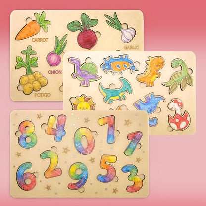 Fiddlys DIY Color Fill Wooden Jigsaw Puzzle Set for Kids (Age 4+) | 3-in-1 Paint-Your-Own Puzzle Collection | Educational Toy (Learning Puzzle)