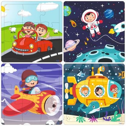 Fiddlys Wooden Jigsaw Puzzles for Kids & Children – 9 Pieces Each, Pack of 4|Double Layered Front & Back Print| Educational Toy for Boys & Girls Age 2 3 4 5 6 Year Old (Travel Pack of 4)
