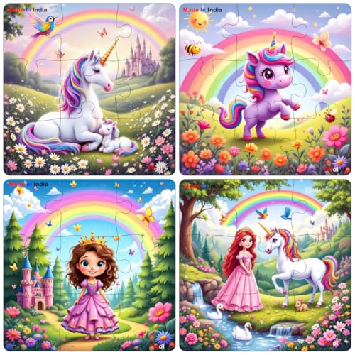 Fiddlys Single Layered Wooden Jigsaw Puzzle Games for Children & Kids - 9 Pieces Age 3 4 5 6 Years Old Girls & Boys Animals Jigsaw Puzzle (Pack of 4 Unicorn & Princess)