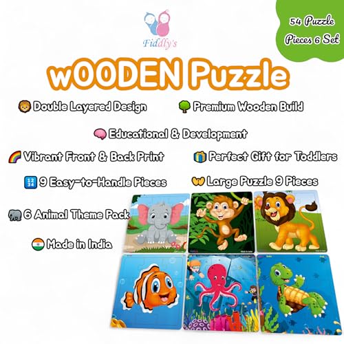 Fiddlys Wooden Jigsaw Puzzles for Kids & Children – 9 Pieces Each, Pack of 6|Double Layered Front & Back Print| Educational Toy for Boys & Girls Age 2 3 4 5 6 Year Old (Animal & Sea)