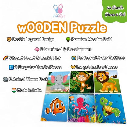 Fiddlys Wooden Jigsaw Puzzles for Kids & Children – 9 Pieces Each, Pack of 6|Double Layered Front & Back Print| Educational Toy for Boys & Girls Age 2 3 4 5 6 Year Old (Animal & Sea)