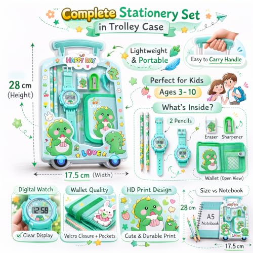 Fiddlys Kids Stationery Gift Set with Watch & Pouch | Cute Travel Kit for Boys & Girls | Pencil, Eraser, Sharpener, Wallet Combo (Happy Dino)