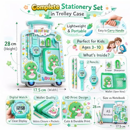 Fiddlys Kids Stationery Gift Set with Watch & Pouch | Cute Travel Kit for Boys & Girls | Pencil, Eraser, Sharpener, Wallet Combo (Happy Dino)