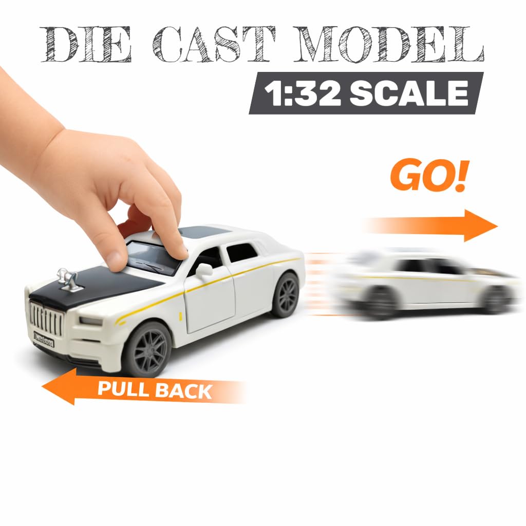 The Flyers Bay 1:32 Scale DieCast Metal Pull-Back Action Openable Doors, Lights and Music Rolls-Royce Phantom Premium Car Toy for Kids Realistic Miniature Model Gift 2+yrs Girls Boys Available (White)