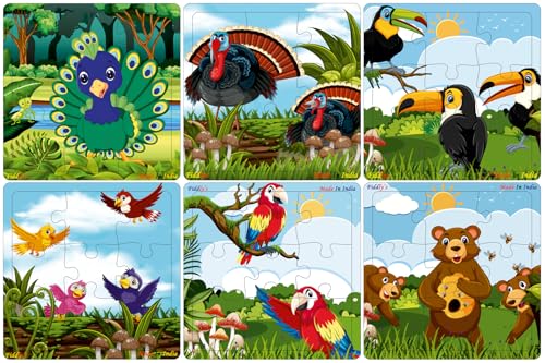 Fiddlys Wooden Jigsaw Puzzles for Kids & Children – 9 Pieces Each, Pack of 6|Double Layered Front & Back Print| Educational Toy for Boys & Girls Age 2 3 4 5 6 Year Old (Birds, Bear & Bee's)