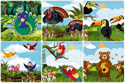 Fiddlys Wooden Jigsaw Puzzles for Kids & Children – 9 Pieces Each, Pack of 6|Double Layered Front & Back Print| Educational Toy for Boys & Girls Age 2 3 4 5 6 Year Old (Birds, Bear & Bee's)