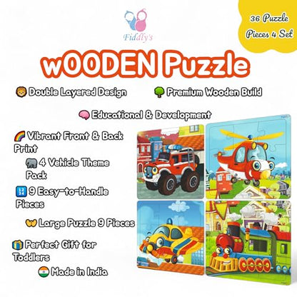 Fiddlys Wooden Jigsaw Puzzles for Kids & Children – 9 Pieces Each, Pack of 4|Double Layered Front & Back Print| Educational Toy for Boys & Girls Age 2 3 4 5 6 Year Old (Vehicles (Pack of 4))