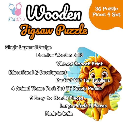 Fiddlys Single Layered Wooden Jigsaw Puzzle Games for Children & Kids -9 Pieces Age 2 3 4 5 6 Year Old Years Old Girls & Boys Animals Jigsaw Puzzle (Pack of 4 Wild Animal)
