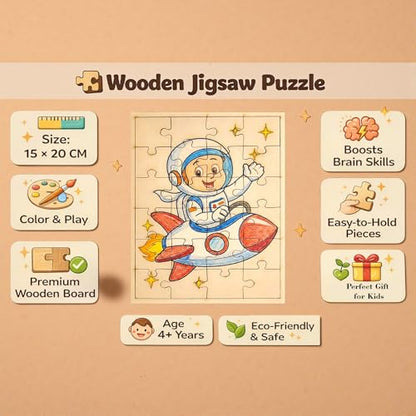 Fiddlys DIY Color Fill Wooden Jigsaw Puzzle Set for Kids (Age 4+) | 3-in-1 Paint-Your-Own Puzzle Collection | 24 Pieces Each Puzzle | Educational Toy (Space & Safari)