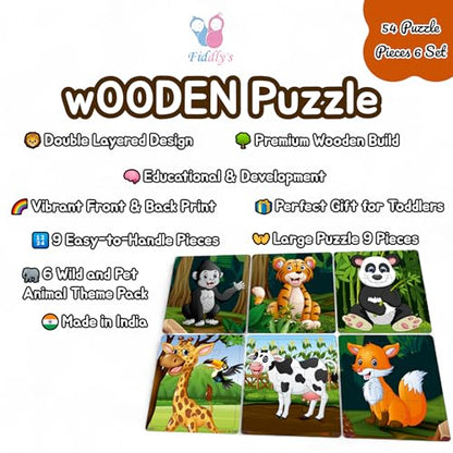 Fiddlys Wooden Jigsaw Puzzles for Kids & Children – 9 Pieces Each, Pack of 6|Double Layered Front & Back Print| Educational Toy for Boys & Girls Age 2 3 4 5 6 Year Old (Wild & Pets Animal)