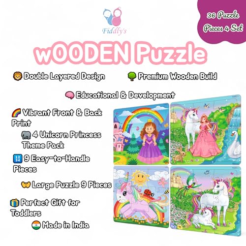 Fiddlys Wooden Jigsaw Puzzles for Kids & Children – 9 Pieces Each, Pack of 4|Double Layered Front & Back Print| Educational Toy for Boys & Girls Age 2 3 4 5 6 Year Old (Unicorn & Princess)