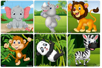 Fiddlys Wooden Jigsaw Puzzles for Kids & Children – 9 Pieces Each, Pack of 6|Double Layered Front & Back Print| Educational Toy for Boys & Girls Age 2 3 4 5 6 Year Old (Pack of 6 Animal)