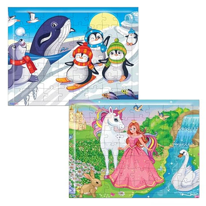 Fiddlys 54 Pcs Wood Jigsaw Puzzles for Kids & Children Age 6+ Double Layered Wooden Puzzles with Bright Front & Back Print Puzzle for Kids-Educational Toy (Princess+Ice)