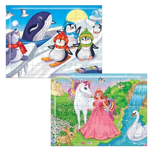 Fiddlys 54 Pcs Wood Jigsaw Puzzles for Kids & Children Age 6+ Double Layered Wooden Puzzles with Bright Front & Back Print Puzzle for Kids-Educational Toy (Princess+Ice)