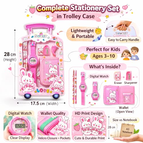 Fiddlys Kids Stationery Gift Set with Watch & Pouch | Cute Travel Kit for Boys & Girls | Pencil, Eraser, Sharpener, Wallet Combo (Sweet Bunny)