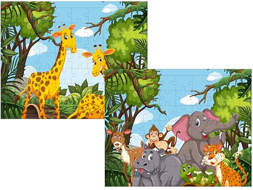 Fiddlys 54 Pcs Wood Jigsaw Puzzles for Kids & Children Age 6+ Double Layered Wooden Puzzles with Bright Front & Back Print Puzzle for Kids-Educational Toy (Jungle + Giraffe)