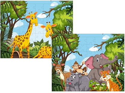 Fiddlys 54 Pcs Wood Jigsaw Puzzles for Kids & Children Age 6+ Double Layered Wooden Puzzles with Bright Front & Back Print Puzzle for Kids-Educational Toy (Jungle + Giraffe)