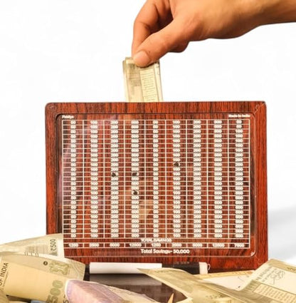 Fiddlys Money/Piggy Bank, Money Coin Box for Kids 2 3 4 Years/Children, Savings Challenge Box, Cashbox, Cash Vault Wooden Savings Box,Wooden Coin Piggy Bank (Rs. 50,000),Educational Gift for Kids