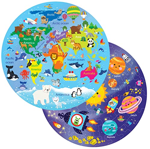 Fiddlys Creative Wooden Jigsaw Puzzle for Kids | 66 Pieces Educational Single Layer Puzzle | Fun & Learning Toy for Children Ages 3+ Pack of 2 (World Map & Solar System)
