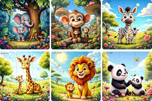 Fiddlys Single Layered Wooden Jigsaw Puzzle Games for Children & Kids -9 Pieces Age 2 3 4 5 6 Year Old Years Old Girls & Boys Animals Jigsaw Puzzle (Pack of 6 Wild Animal)