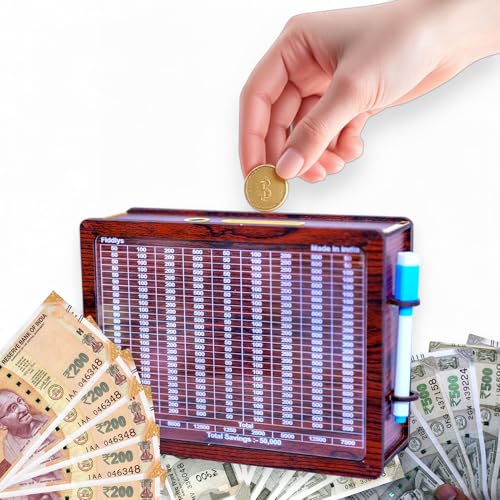 Fiddlys Wooden Money Piggy Bank for 2 3 4 5 6 Years Kids, Savings Challenge Box, Cashbox,Educational Gift for Kids (Rs. 50,000 Pen Stand)