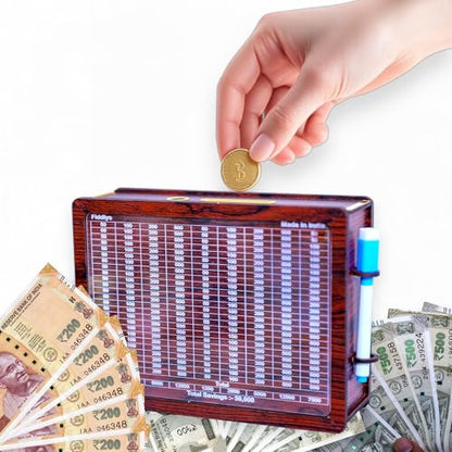 Fiddlys Wooden Money Piggy Bank for 2 3 4 5 6 Years Kids, Savings Challenge Box, Cashbox,Educational Gift for Kids (Rs. 50,000 Pen Stand)