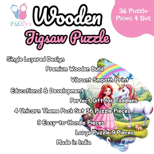 Fiddlys Single Layered Wooden Jigsaw Puzzle Games for Children & Kids - 9 Pieces Age 3 4 5 6 Years Old Girls & Boys Animals Jigsaw Puzzle (Pack of 4 Unicorn & Princess)