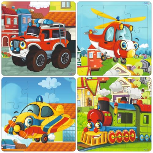 Fiddlys Wooden Jigsaw Puzzles for Kids & Children – 9 Pieces Each, Pack of 4|Double Layered Front & Back Print| Educational Toy for Boys & Girls Age 2 3 4 5 6 Year Old (Vehicles (Pack of 4))