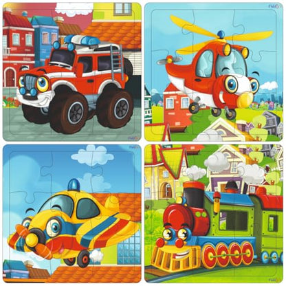 Fiddlys Wooden Jigsaw Puzzles for Kids & Children – 9 Pieces Each, Pack of 4|Double Layered Front & Back Print| Educational Toy for Boys & Girls Age 2 3 4 5 6 Year Old (Vehicles (Pack of 4))